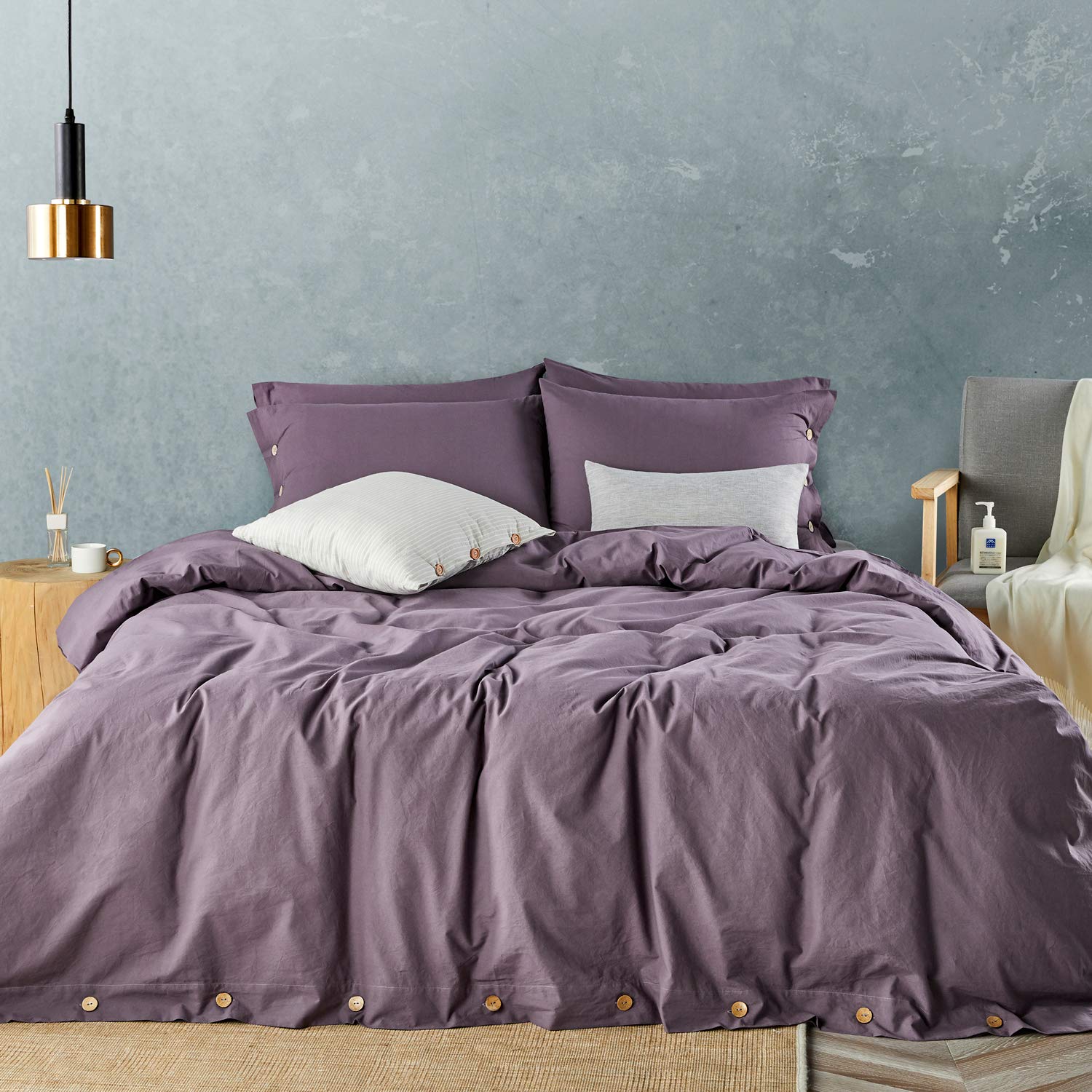 Jellymoni Purple 100% Washed Cotton Duvet Cover Set, 3 Pieces Luxury Soft Bedding Set With Buttons Closure. Solid Color Pattern